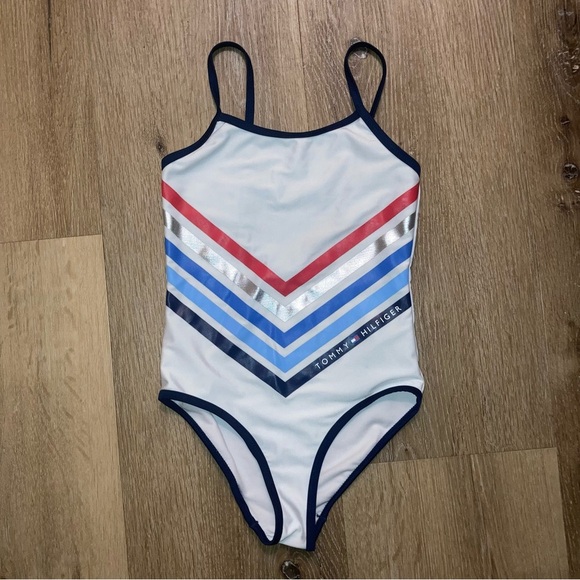 Tommy Hilfiger Kids Swim One Piece - White with Red, Blue, Stripes | Pool Beach - Picture 1 of 7